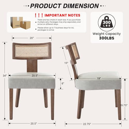 HNY Mid Century Modern Rattan Dining Chairs Set of 2, Farmhouse PU Leather Upholstered Accent Chair Curved Backrest Kitchen Chairs, with Hardwood Frame, Grey - color: Grey Rattan