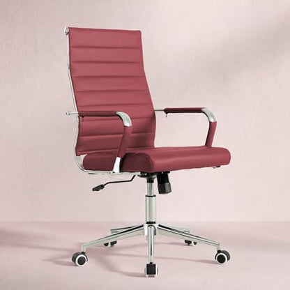 Red Office Desk Chair, Ergonomic Leather Modern Conference Room Chairs, Executive Ribbed Height Adjustable Swivel Rolling Chair for Home Office. (Red) - color: Red