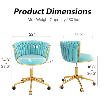 HENGJIANYI Velvet Woven Home Swivel Vanity Desk Chair with Gold Base, Cyan | Modern Height Adjustable Office Chair with Metal Base and Hand Weaving Back Wheels for Bedroom Study Small Space girl women - color: Cyan