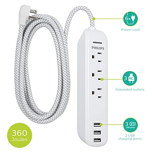 Philips Surge Protector Power Strip, 3 Outlet Surge Protector, 6Ft Cord Power Strip, Surge Protector with USB Ports, 3-Prong Flat Plug Power Strip, 360J Surge Protector Outlet, White, SPP3306WB/37 - style: 3 Outlet | 2 USB