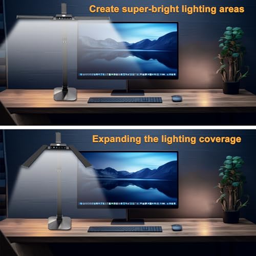 NUNET 24W LED Desk Lamp with 2-in-1 Weighted Base & Clamp, 26.8" Dual Monitor Light Bar, Remote, Eye-Caring Red Light Beads, Stepless Dimming, Adjustable Architect Swing Arm for Home Office, Black | Weighted base option, remote control, eye-caring red bea