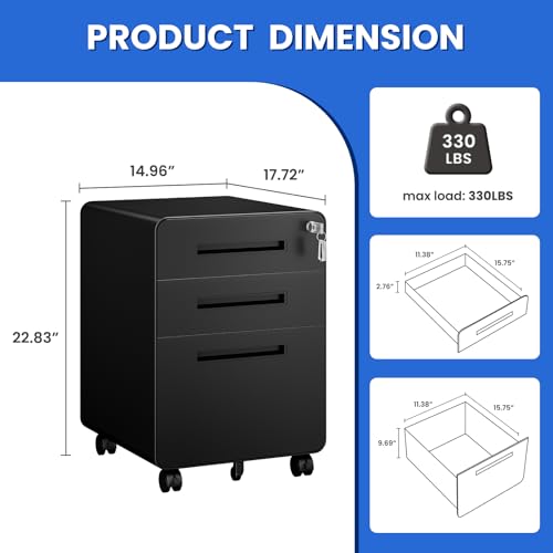 MIIIKO Mobile Filing Cabinet 3 Drawer, Rolling Small File Cabinet with Keys Under Desk, Modern Black Filing Cabinets for Home Office with Anti-tilt Wheels, A4/Letter/Legal Hanging File Drawers - color: Black, size: 3Drawer-23"H