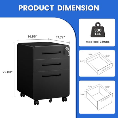 MIIIKO Mobile Filing Cabinet 3 Drawer, Rolling Small File Cabinet with Keys Under Desk, Modern Black Filing Cabinets for Home Office with Anti-tilt Wheels, A4/Letter/Legal Hanging File Drawers - color: Black, size: 3Drawer-23"H