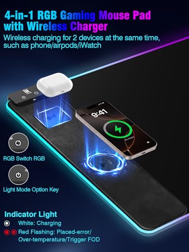 Mouse Pad with Magnetic Wireless Charging, Large Desk Pad Protector, RGB Black Desk Mat with 15W Fast Charger, Non-Slip Waterproof Mousepad for Office Home Gaming - color: Black Magnetic Charging 31.5x15.75"