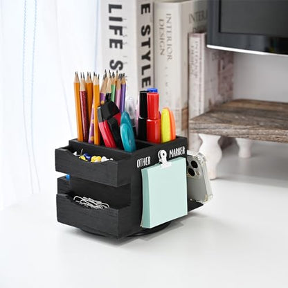 Ikee Design 360-degree Rotating Pen Holder | Rotating wood desktop organizer with 4 compartments stores pens, pencils, markers, phones and office supplies.