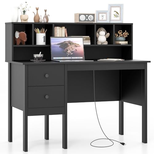 COSTWAY Writing Desk with USB Charging Ports & Power Outlets, 48" Computer Desk with Drawers & 5-Cubby Hutch, Study Table Computer Work Station for Home Office (Black) - color: Black