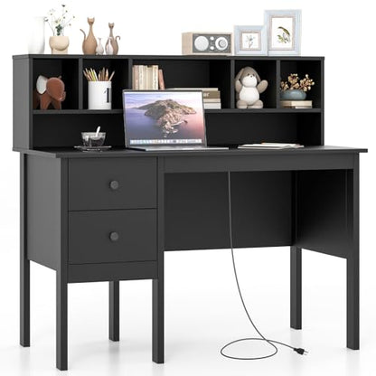 COSTWAY Writing Desk with USB Charging Ports & Power Outlets, 48" Computer Desk with Drawers & 5-Cubby Hutch, Study Table Computer Work Station for Home Office (Black) - color: Black