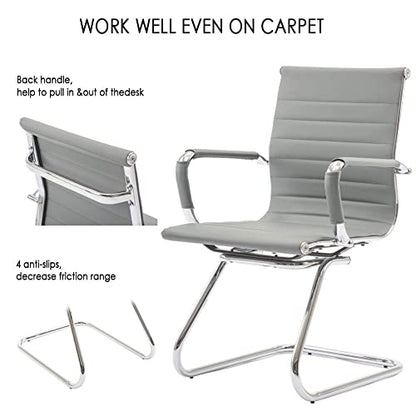 Conference Room Chairs Set of 4, Waiting Room Chairs with Arms, Faux Leather Reception Chairs No Wheels, Office Guest Chairs with Mid Back Support and Chrome Sled Base, Grey - color: Grey, size: 4PCS