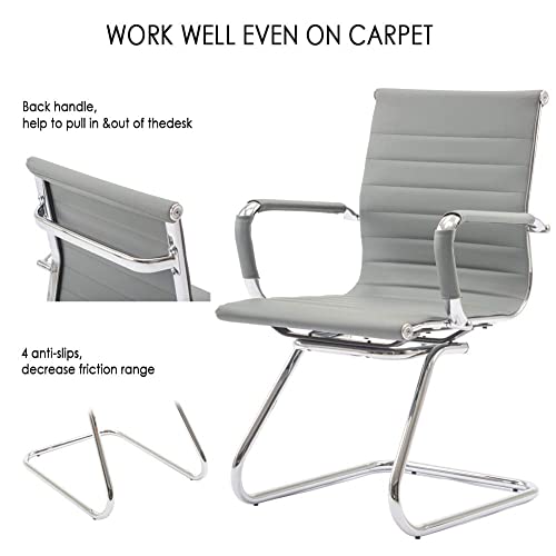 Conference Room Chairs Set of 8, Waiting Room Chairs with Arms, Faux Leather Reception Chairs No Wheels, Office Guest Chairs with Mid Back Support and Chrome Sled Base, Grey - color: Grey, size: 8PCS