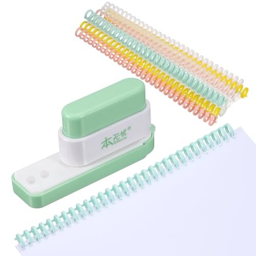 PATIKIL 5 Hole Paper Puncher, Hole Punch Binding Machine Spiral Coil Binder with 10Pcs 30 Ring Loose Leaf Binder Spines 5 Sheets Capacity for DIY Planner Scrapbook Office, Green - color: Green
