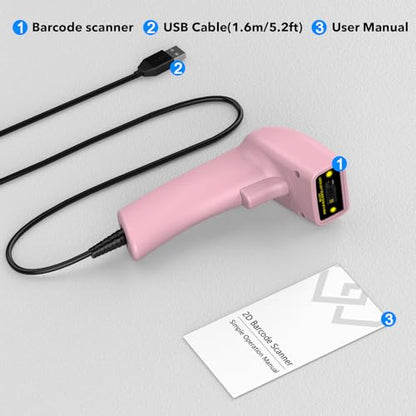 2D USB Barcode Scanner Handheld Wired Automatic QR Code Scanner Barcode PDF417 Data Matrix Bar Code Scanner with Long USB Cable for Warehouse, Library, Supermarket, POS - color: 2D QR Pink