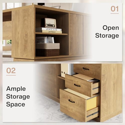 Tribesigns 78" L-Shaped Executive Desk, Large Modern Office Desk with Drawers and Lateral File Cabinet, Business Furniture with Storage Shelves, Big Computer Table for Home Office (Brown) - color: Brown