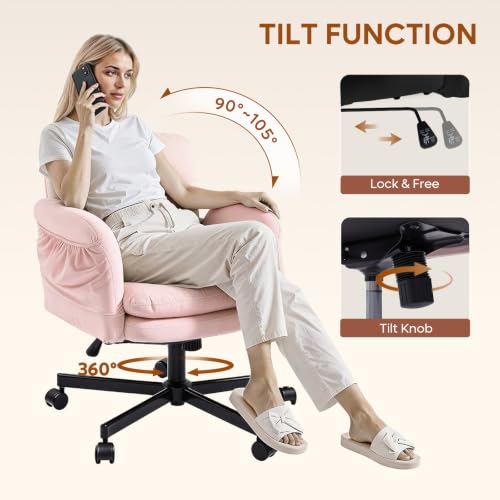 Bestier Velvet Vanity Chair with Flip-Up Arms, Swivel Makeup Chair Pink - color: Pink Velvet, size: Low Back