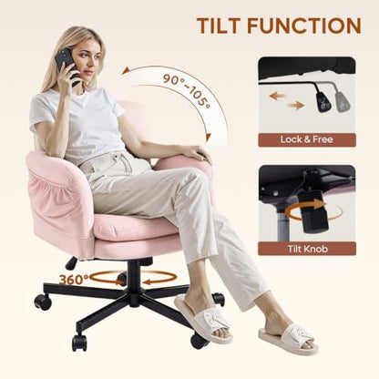 Bestier Velvet Vanity Chair with Flip-Up Arms, Swivel Makeup Chair Pink - color: Pink Velvet, size: Low Back