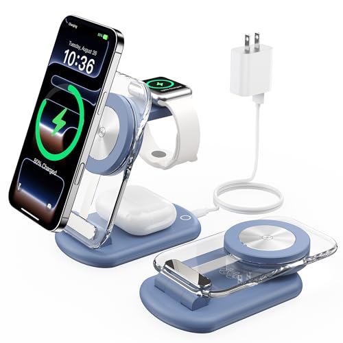 Mukiya 3 in 1 Magnetic Wireless Charging Station for Apple Devices | Fast Travel Charger Stand with Night Light for MagSafe-enabled iPhone 17 16 15 14 13 12 Series, Apple Watch/AirPods Pro, BU - color: Blue