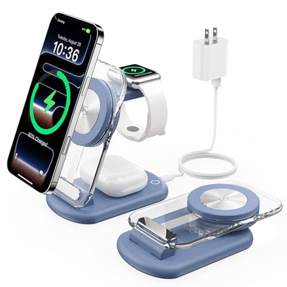 Mukiya 3 in 1 Magnetic Wireless Charging Station for Apple Devices | Fast Travel Charger Stand with Night Light for MagSafe-enabled iPhone 17 16 15 14 13 12 Series, Apple Watch/AirPods Pro, BU - color: Blue