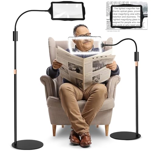 Hands-Free Floor Magnifying Glass with Light and Stand, Rechargeable LED Magnifying Lamp with 3 Color Modes and Flexible Gooseneck for Reading, Crafts and Close Work