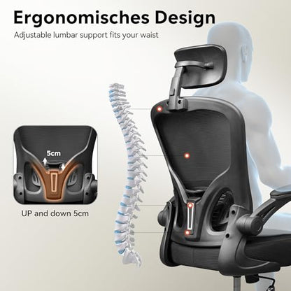 DEVAISE Office Chair High Back Mesh Ergonomic Desk Chair with Flip-up Armrests, Adjustable Headrest and Lumbar Support, Black