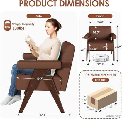 JIASTING Mid Century Modern Accent Chair Set of 2, Brown Leather Armchair | JIASTING, Small, Comfy, Wood Arms, Living Room Bedroom, Office - color: Brown