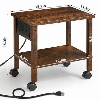 YUFAM 2 Tier Under Desk Printer Stand with Charging Station, Brown - color: Brown, size: 11.8"D×15.7"W×15.3"H(With USB)