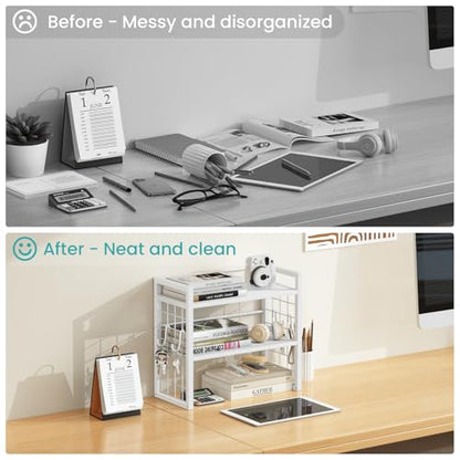 ELITEROO Desk Shelf Organizer, Tiered Wood Desktop Book Shelf, White - color: White