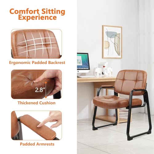 CLATINA Big Tall 400 lbs Waiting Room Chairs with Padded Arms Leather Guest Chair no Wheels for Office Reception Lobby and Conference Desk with Sled Base, Brown - color: Brown, size: 1PK
