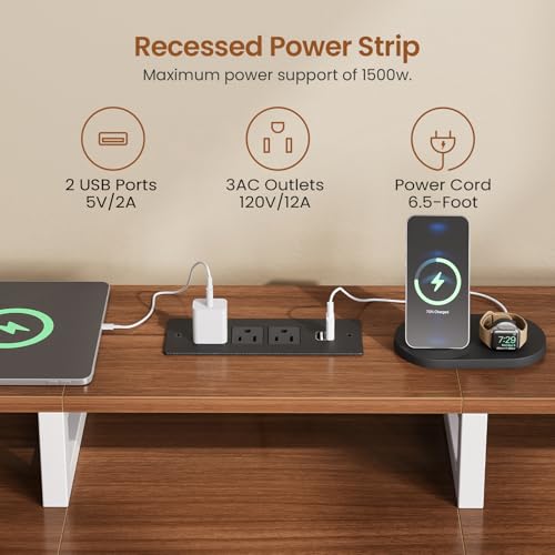 SEDETA 95" 2 Person Gaming Desk with 8 Drawers Storage Shelves, Brown+White | Double T Shaped Office Desk with LED Lights, Power Strip with USB & Monitor Stand for Home Office, Bedroom - color: Brown+white