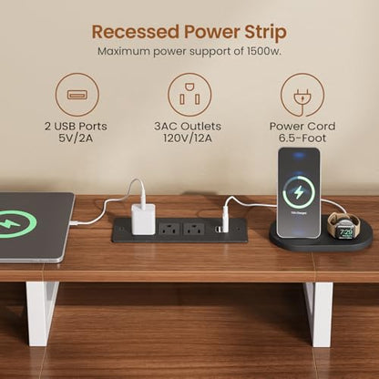 SEDETA 95" 2 Person Gaming Desk with 8 Drawers Storage Shelves, Brown+White | Double T Shaped Office Desk with LED Lights, Power Strip with USB & Monitor Stand for Home Office, Bedroom - color: Brown+white