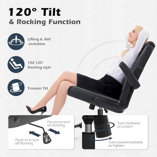 SEATZONE Black Office Chair Ergonomic Desk Chair with Lumbar Support, Flip-Up Arms, Adjustable Swivel Computer Chair with Wheels, PU Leather Executive Task Chair for Home Office Small Space - color: Black