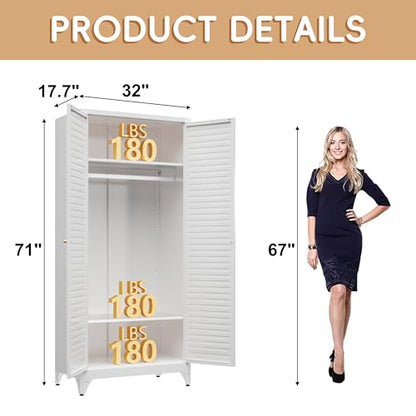 Steeloong 71"Armoire Wardrobe Close,White Wardrobe Cabinet with Hanging Rod | Metal Closet Cabinet with Doors and Adjustable Shelves,Freestanding Clothing Storage Cabinets for Bedroom Office,Gym,Hospital - color: White, style: 71"H Wardrobe