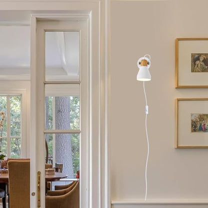 Modern Plug-in Wall Sconces, Matte White | Adjustable Reading Light, Natural Wood Accent, For Bedroom, Living Room, Home Office - color: Matte White+Wood Accent