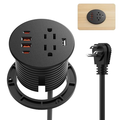 QBA Recessed Power Grommet with USB Data Transfer, Desk Charging Station with USB-C 35W，2 AC Outlets, 3 Inch Flush Mount Power Outlet for Home Office Furniture - color: Black-USB Data Transfer