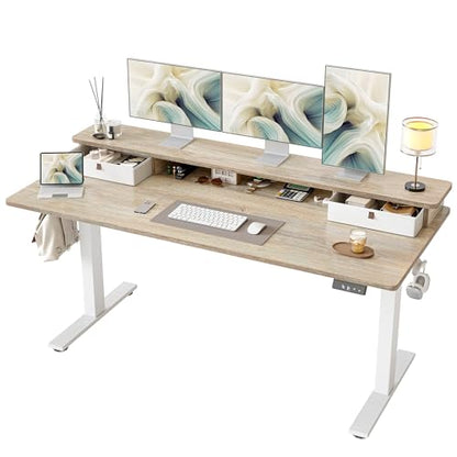 TIQLAB Standing Desk with Two Drawers, Stand Up Standing Desk Adjustable Height, Electric Sit Stand Table with Storage Shelf and Splice Board, 63 * 24 inch, Maple - color: Maple, size: 63*24 inch without keyboard tray