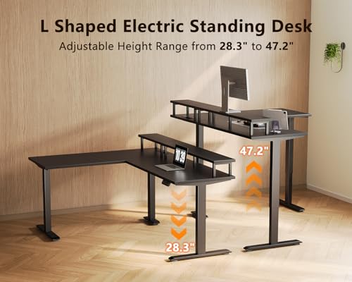 AODK 59 Inch L Shaped Electric Standing Desk, Single Monitor Stand, Black