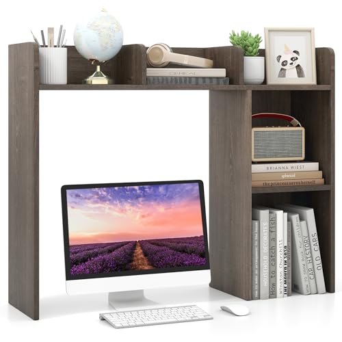 LDAILY Desktop Shelf, Multipurpose Wood Desk Hutch for Max 27" Computer Monitor, Countertop Storage Hutch with 5 Shelves, 3 Tier Desktop Display Rack for Dorm Office Home (Grey Oak) - color: Grey Oak, size: 5 Shelves