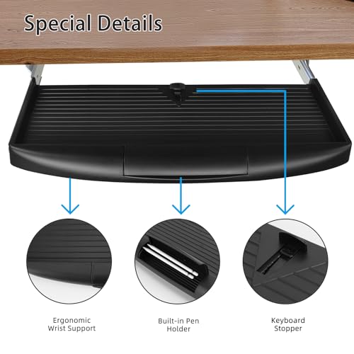 22"Wx11"D Under Desk Keyboard Tray Slide Out, Pull Out Keyboard Tray for Desk, Keyboard Holder Under Desk,Sturdy Keyboard Shelf Under Desk, Black Keyboard Drawer Desk Extender - size: 22"Wx11"D