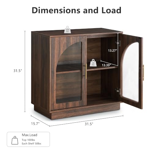 FORTUNETEC 31.5" Sideboard Buffet Cabinet with Arched Glass Doors Set of 2 | Modern Accent Cabinet, Modular Media Console with Storage, Adjustable Shelves, for Living Dining Room Entryway, Dark Walnut - color: Dark Walnut, size: 2