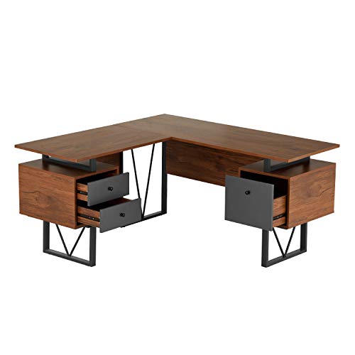 Techni Mobili Reversible L-Shaped Computer Desk with File Cabinet, Brown