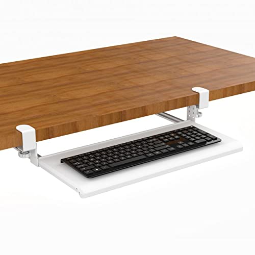 Stand Up Desk Store Compact Clamp-On Retractable Adjustable Keyboard Tray/Under Desk Keyboard Tray | Increase Comfort and Usable Desk Space | for Desks Up to 1.5" (24.5" x 11.5") (White) (Small) - size: Small