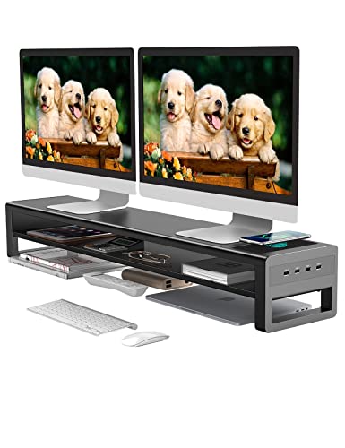 2 Tiers Dual Monitor Stand with Auto Charging Pad, 4 USB 3.0 Hub Ports, Double Monitor Riser, Metal Desk Stand with Storage, Long Screen Raiser for 2 Monitors/PC/Laptop/Computer Space Saver Organizer