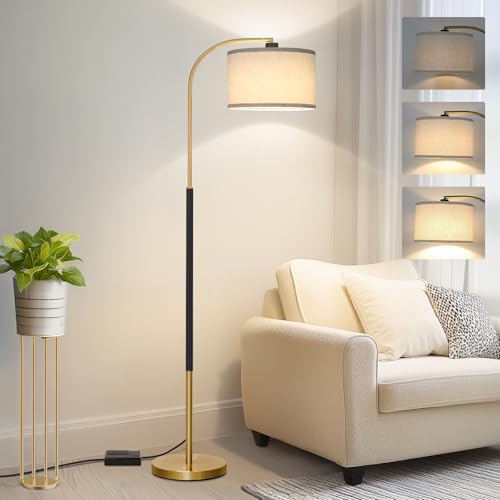 Dimmable Floor Lamp for Living Room, Arc Floor Lamps with Adjustable Drum Shade Pedal Switch, Black and Gold Tall Standing Lamp with 9W LED Bulb, Modern Reading Light Pole Lamp for Bedroom, Office - color: Black and Gold