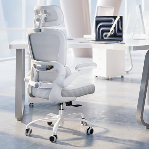 TRALT Ergonomic Office Chair Desk Chair with Adjustable Lumbar Support | Home Office Desk Chairs with Flip-up Armrests & 3D Headrest - Mesh Gaming Chairs for Adults, 330lbs, PU Leather (White, 1) - color: White, size: Pack of 1