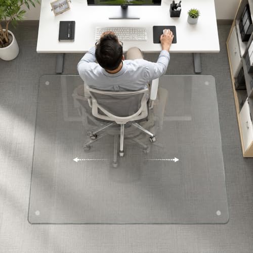 46 x 55 Inch Glass Chair Mat, 1/5 Inch Thick Tempered Glass Office Chair Mat for Carpet and Hardwood Floors, Heavy Duty Clear Floor Protector with Polished Edges and 8 Non-Slip Pads - size: 55" x 46"