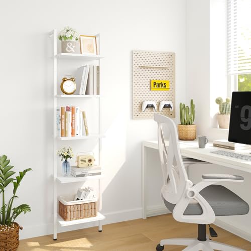 ELYKEN Ladder Shelf, 5-Tier Wood Wall Mounted Ladder Bookshelf | Leaning Storage Shelves with Metal Frame, Vintage Open Display Organizer Rack for Living Room, Bedroom, Home Office, White - color: White