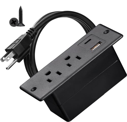 Recessed Power Strip with USB-C and USB-A, 2 AC Outlets, in-Desk Flush Mount Power Strip, 125V 12A 1500W, for Desk Countertop Kitchen Island (Black, 4.9FT) - size: 4.9FT, style: 12W