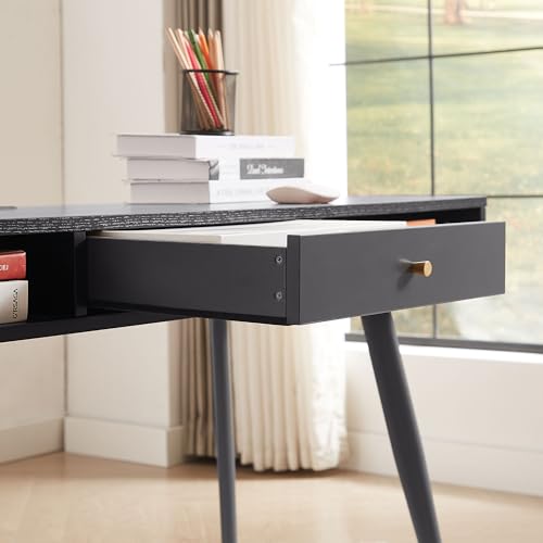 Desk with USB Ports and Power Outlet, Writing Study Desk with Drawers, Multifunctional Home Office Computer Desk Black