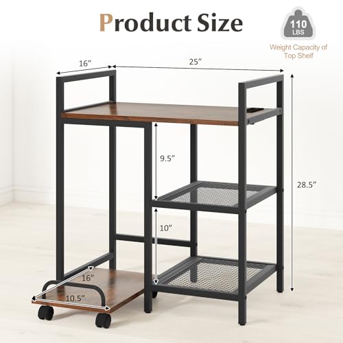 Giantex 3-Tier Printer Stand with Charging Station, 2 Open Storage Shelves, Side PC Stand on Wheels, 25" x 16" Mobile Printer Table for Computer Tower, Printer Shredder, Fax, Under Desk, Home Office - color: Rustic Brown & Black