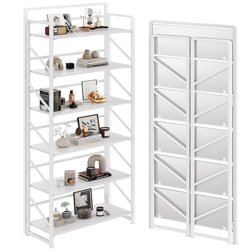 JSB No Assembly Folding Bookshelf, 6 Tier Industrial Metal Book Shelf for Storage, Vintage Wood Foldable Bookcase for Living Room, Bedroom, Office Organization Shelves - color: All White, size: 6-Tier