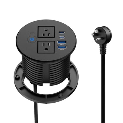 3-1/8" Desktop Power Grommet, Overload Switch, USB C PD 20W, 2 AC Outlets | Recessed Flush Mount Desk Power Grommet for Home Office Furniture, Black - size: 3-1/8" Hole