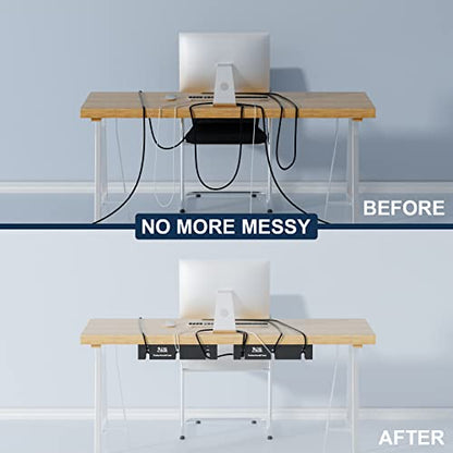 Qiyuan Under Desk Cable Management Tray, 2-Pack No-Drill 16" Cord Organizer | for Standing Desk or Table, Power Strip Holder, Cable Hider, Holds 15lbs, Clamp & Adhesive Mount, Indoor Outdoor, Aluminum